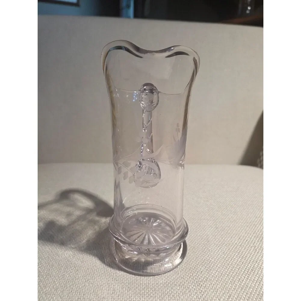Vintage Etched Glass Pitcher Zipper Notched Handle Fern Leaf Design Starburst
